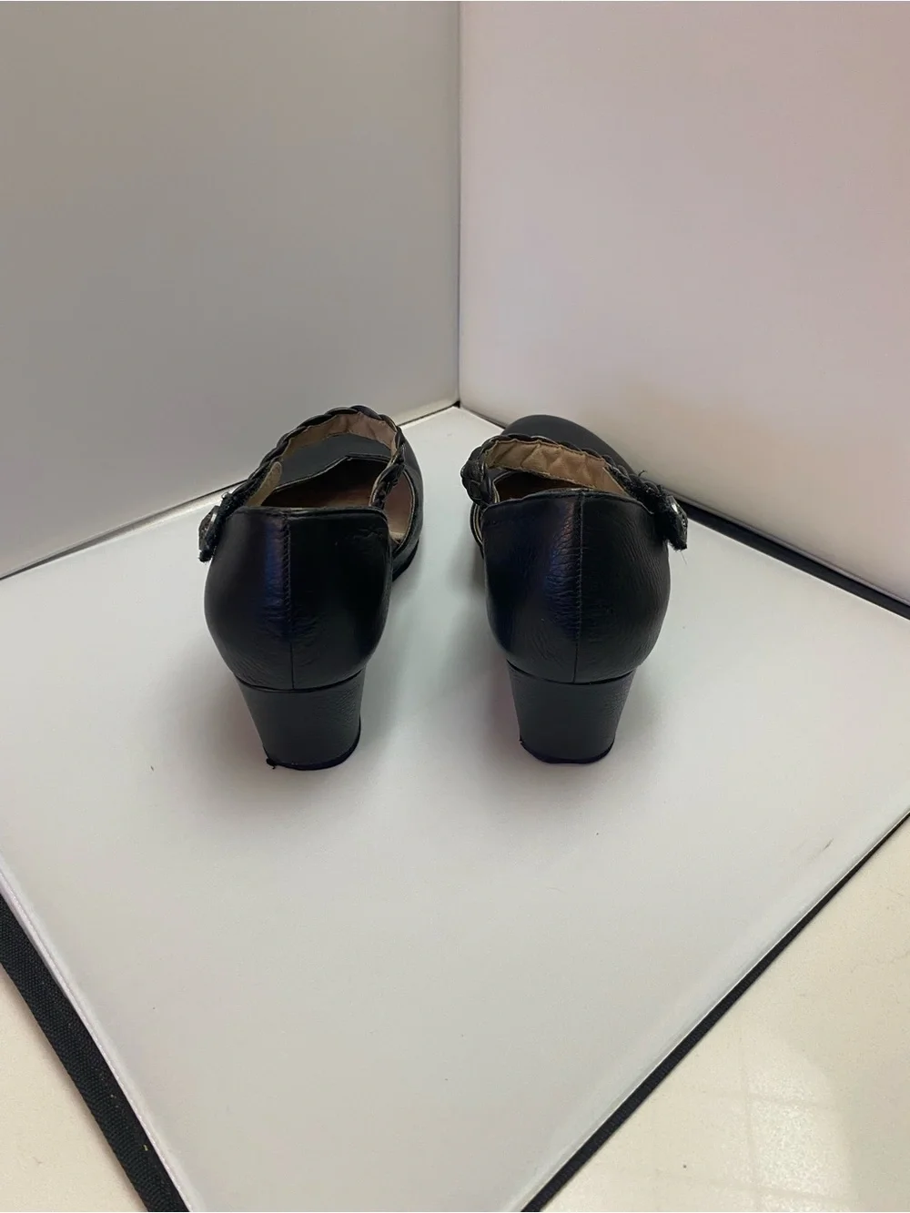 Aetrex Black Leather Braided-Ankle Women's Mule/wedge. Velcro closure Size 10